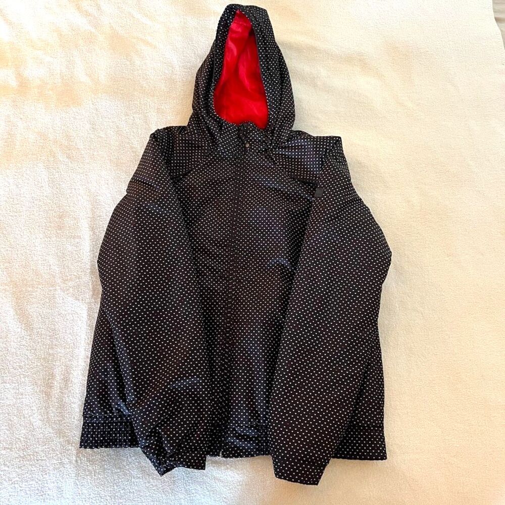 Rip Curl Woman's Vibration Puffer Coat Black with White Red Hearts, Size L